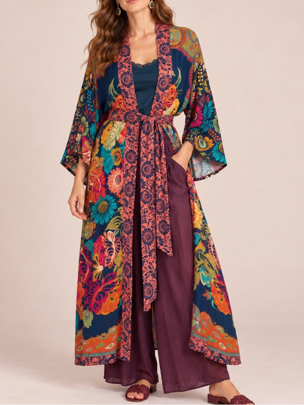 Powder Design Floral Long Kimono Gown Belted Robe Duster w/Pockets - one size